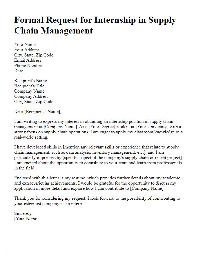 Letter template of formal request for internship in supply chain management