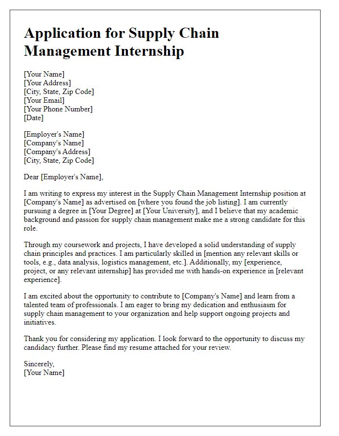 Letter template of internship application for supply chain management position