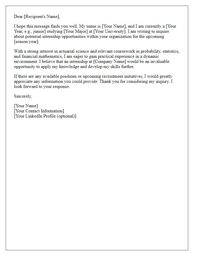 Letter template of inquiry regarding actuarial internship opportunities