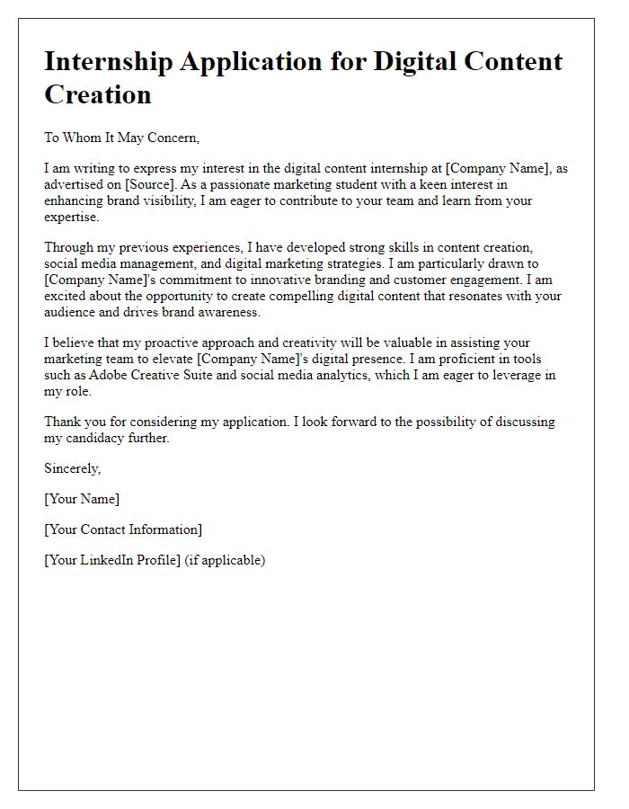 Letter template of internship application aimed at enhancing brand visibility through digital content