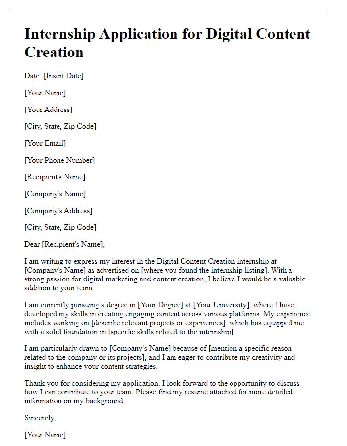 Letter template of internship application for digital content creation experience