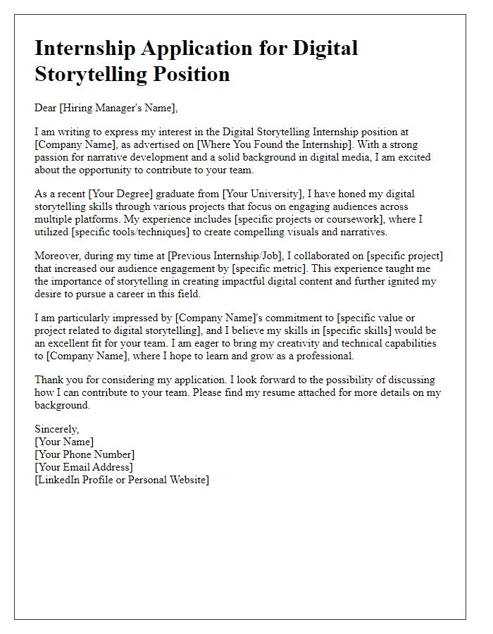 Letter template of internship application emphasizing digital storytelling abilities