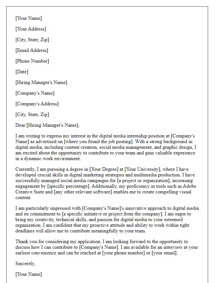 Letter template of internship application focused on digital media skills