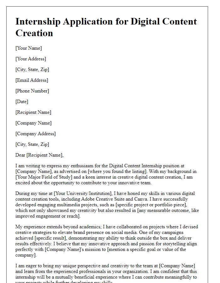 Letter template of internship application highlighting creativity in digital content