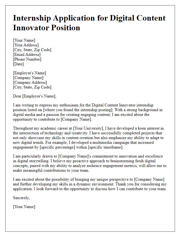 Letter template of internship application showcasing passion for digital content innovation