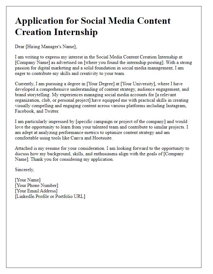 Letter template of internship application tailored for social media content creation