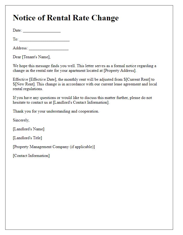 Letter template of Notice for Rental Rate Change