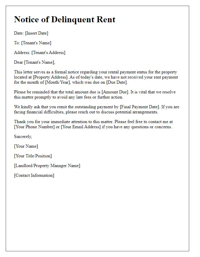 Letter template of delinquent rent communication