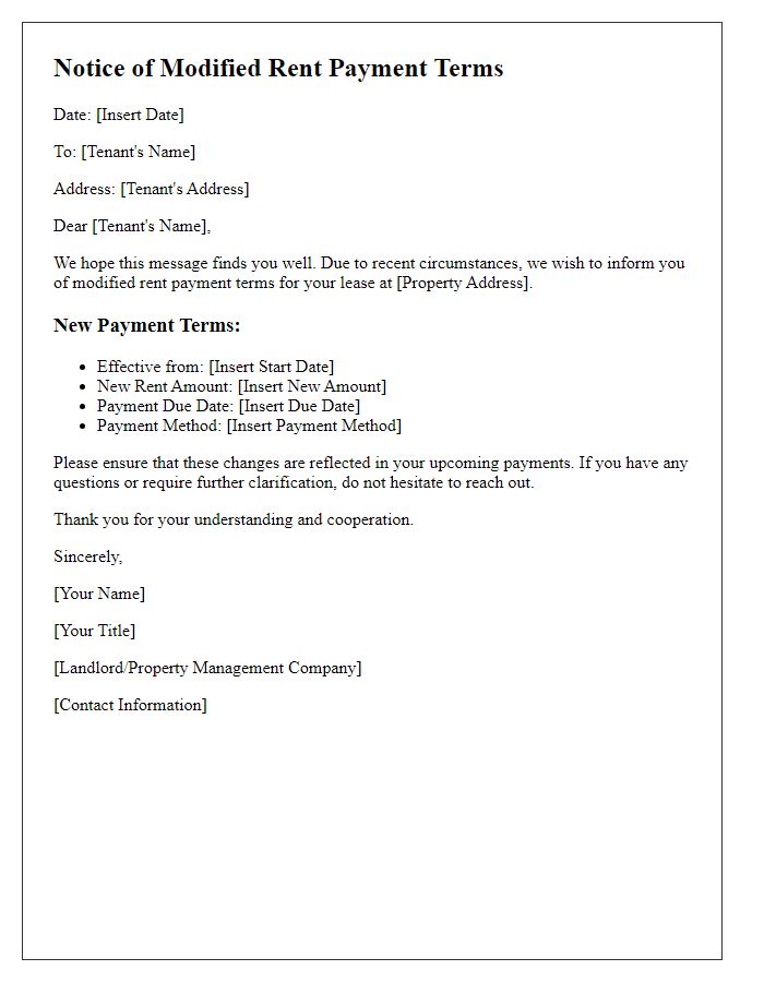 Letter template of modified rent payment terms for tenants.