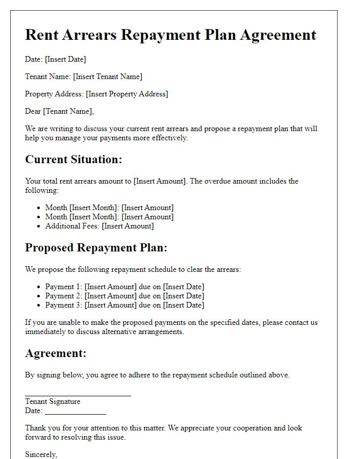 Letter template of rent arrears repayment plan for tenants.