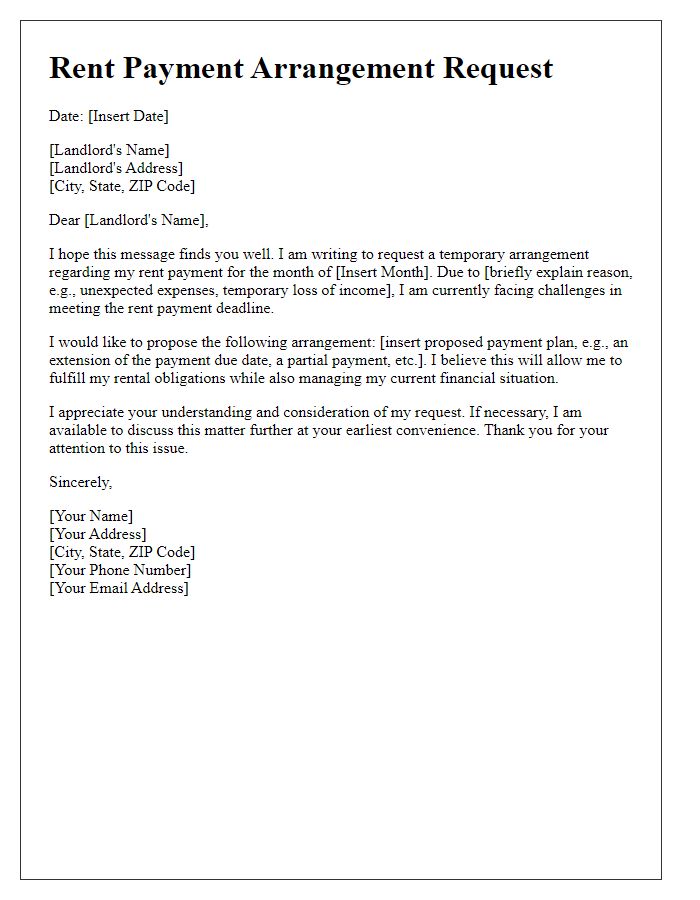 Letter template of rent payment arrangement request for tenants.