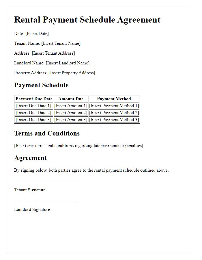 Letter template of rental payment schedule agreement for tenants.