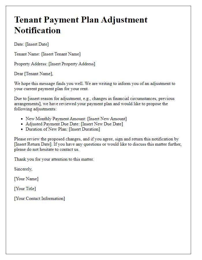 Letter template of tenant payment plan adjustment notification.