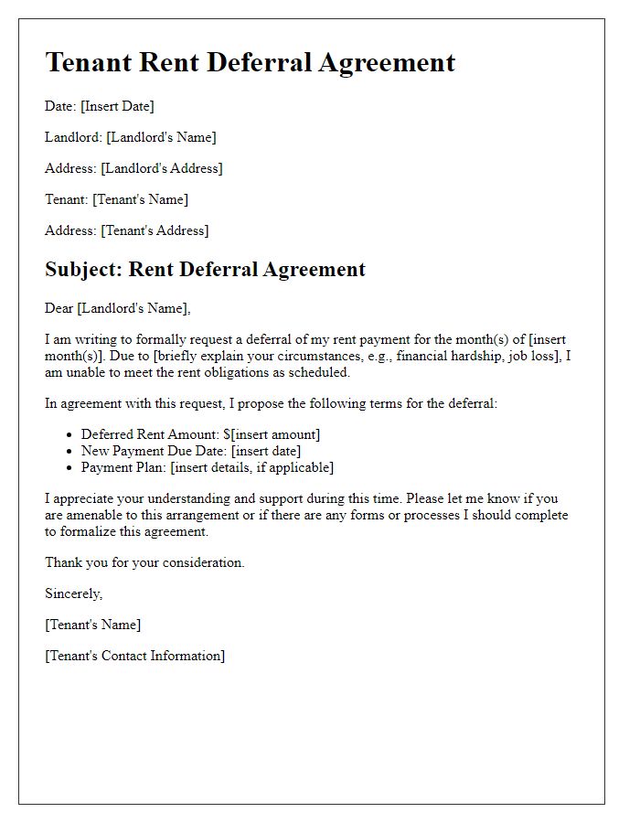 Letter template of tenant rent deferral agreement.