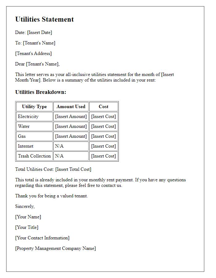 Letter template of all-inclusive utilities statement for tenants