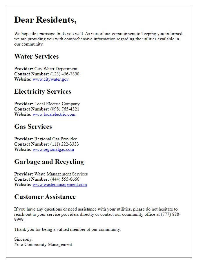 Letter template of comprehensive utilities information for residents