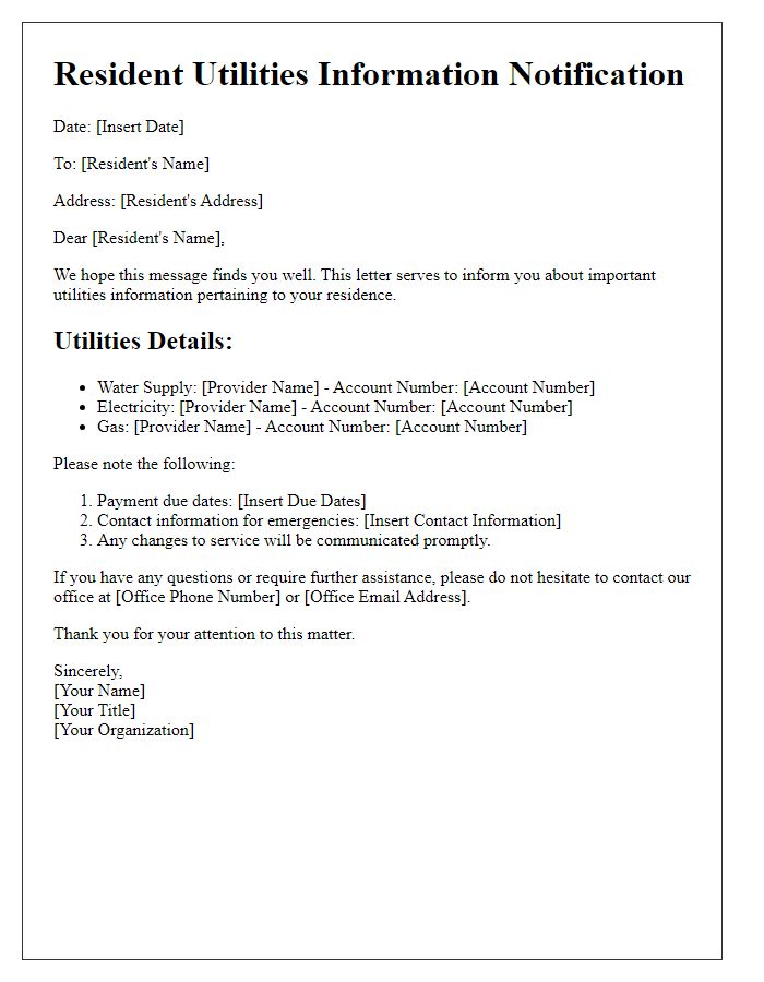 Letter template of resident utilities information notification