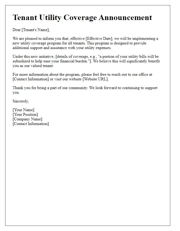 Letter template of tenant utility coverage announcement