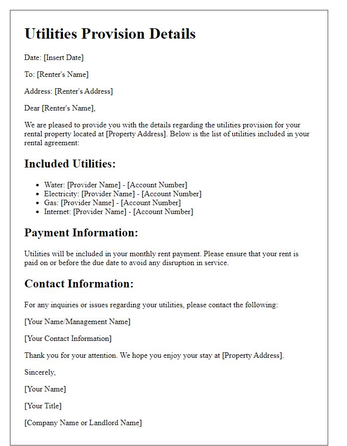 Letter template of utilities provision details for renters