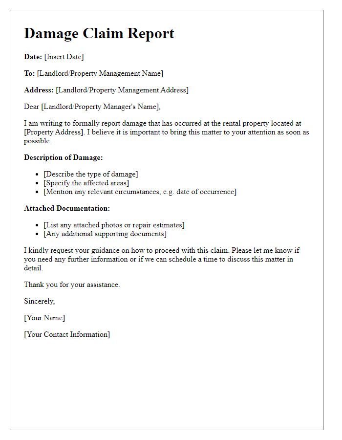 Letter template of Damage Claim Report for Rental Residence