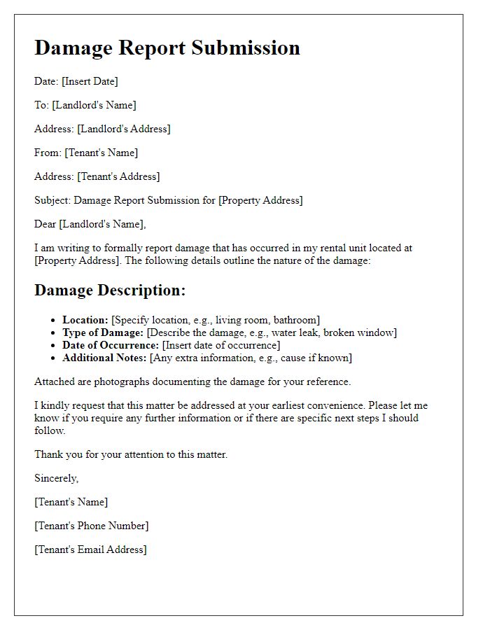 Letter template of Damage Report Submission from Tenant