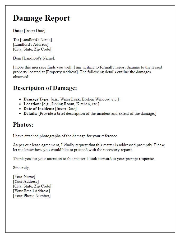 Letter template of Formal Damage Report for Leased Property