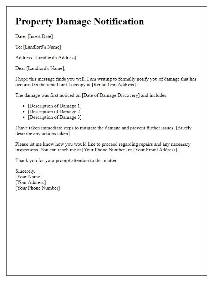 Letter template of Property Damage Notification for Rental Unit