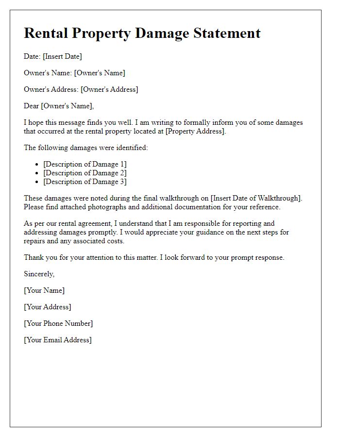 Letter template of Rental Property Damage Statement for Owner