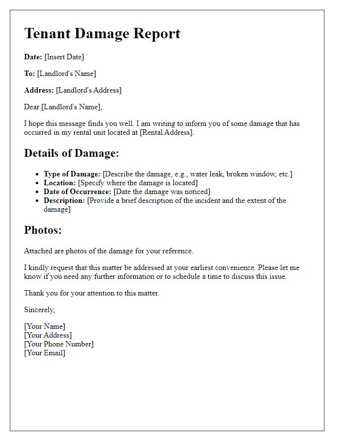 Letter template of Tenant Damage Report for Landlord Notification