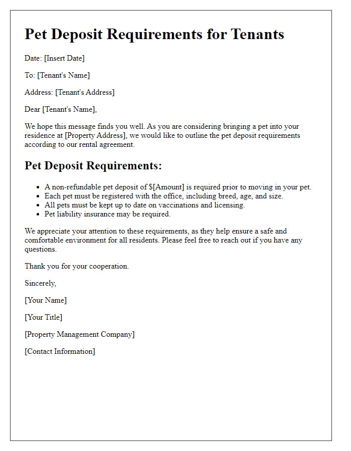 Letter template of pet deposit requirements for tenants