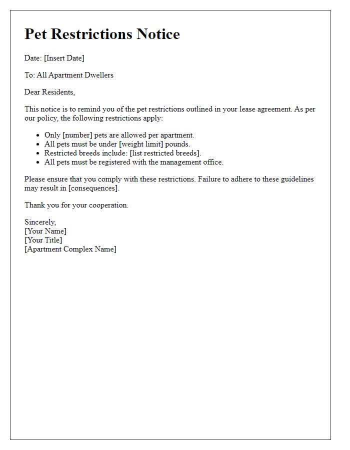 Letter template of pet restrictions notice for apartment dwellers