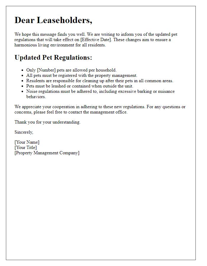 Letter template of updated pet regulations for leaseholders