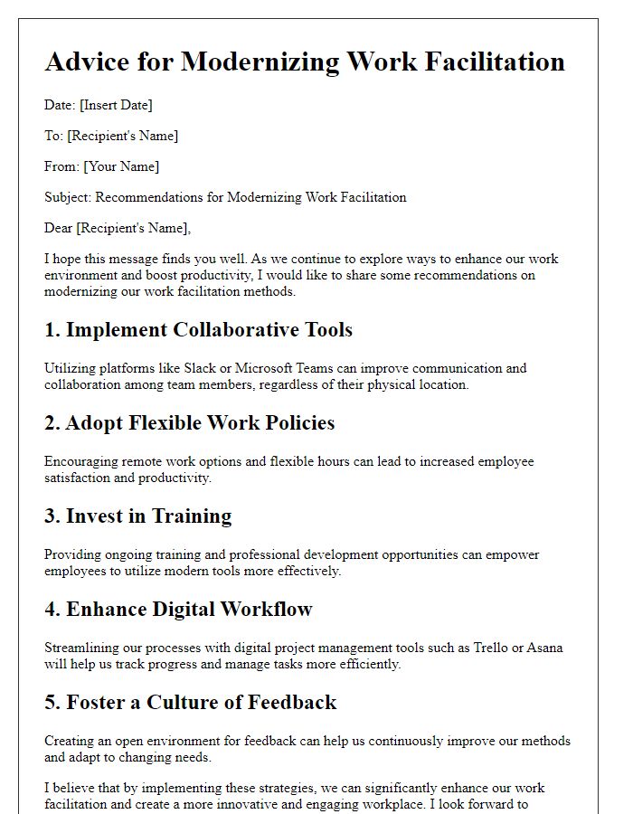 Letter template of advice for modernizing work facilitation