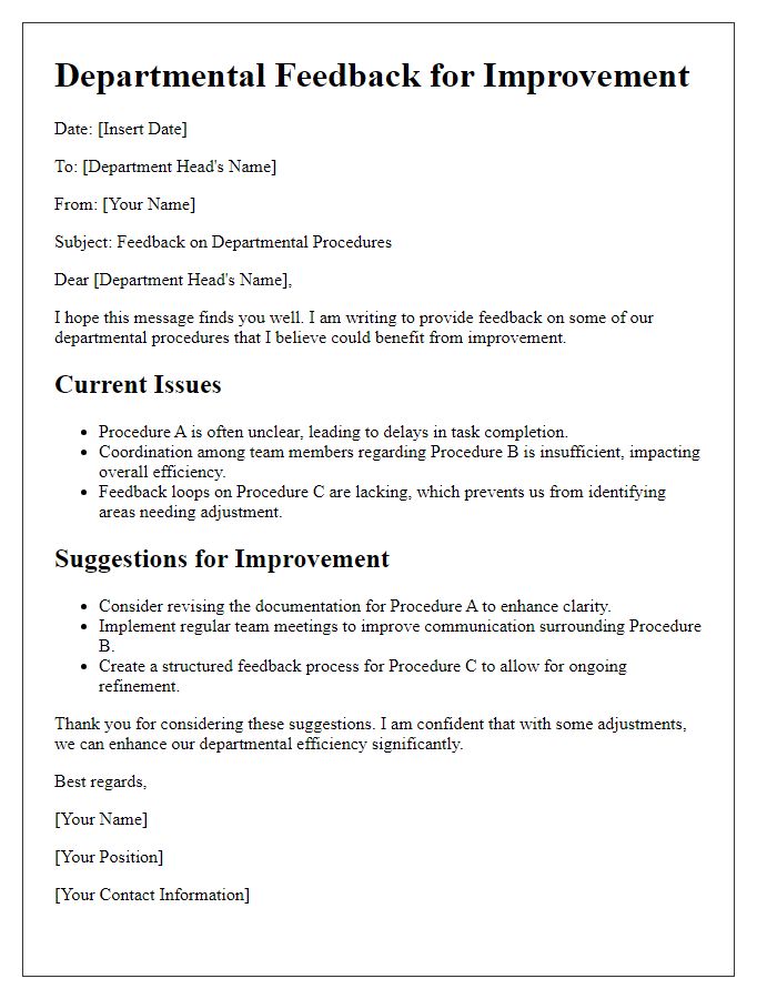 Letter template of feedback for improving departmental procedures