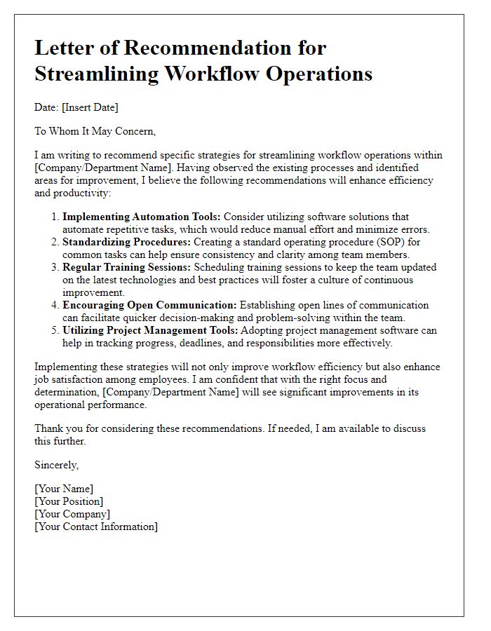 Letter template of recommendations for streamlining workflow operations