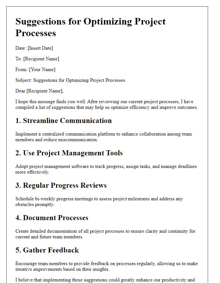 Letter template of suggestions for optimizing project processes