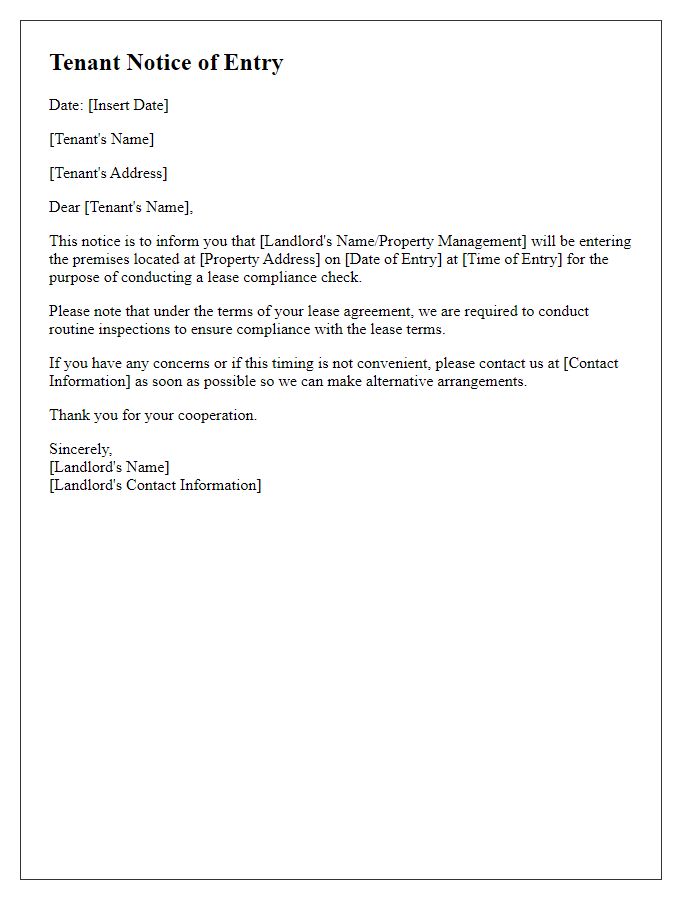 Letter template of Tenant Notice of Entry for Lease Compliance Check