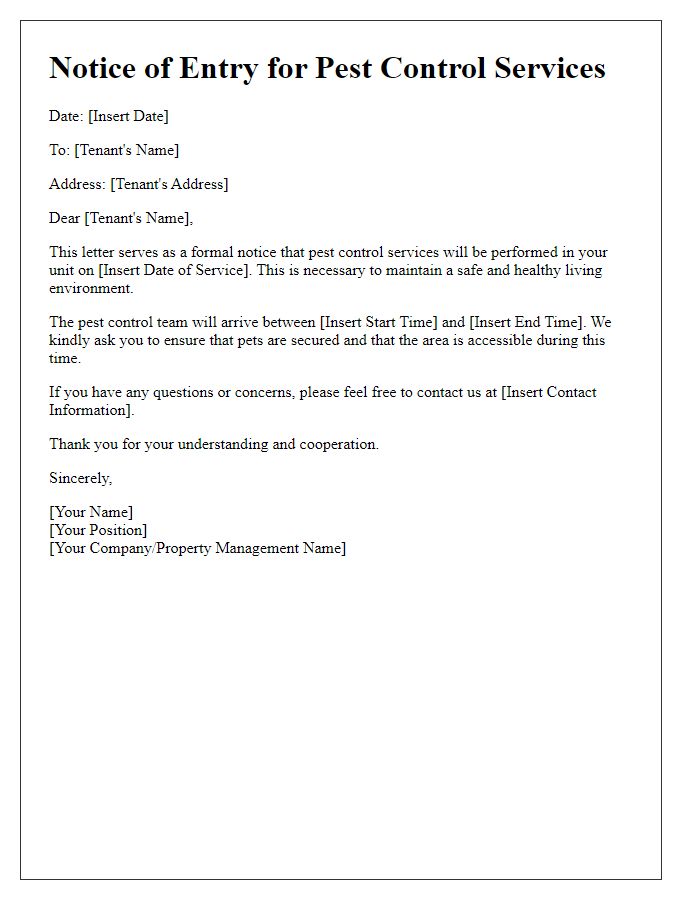 Letter template of Tenant Notice of Entry for Pest Control Services