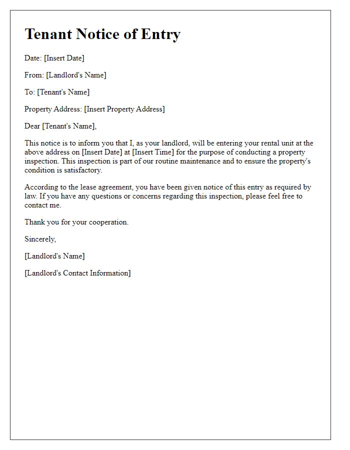 Letter template of Tenant Notice of Entry for Property Inspection