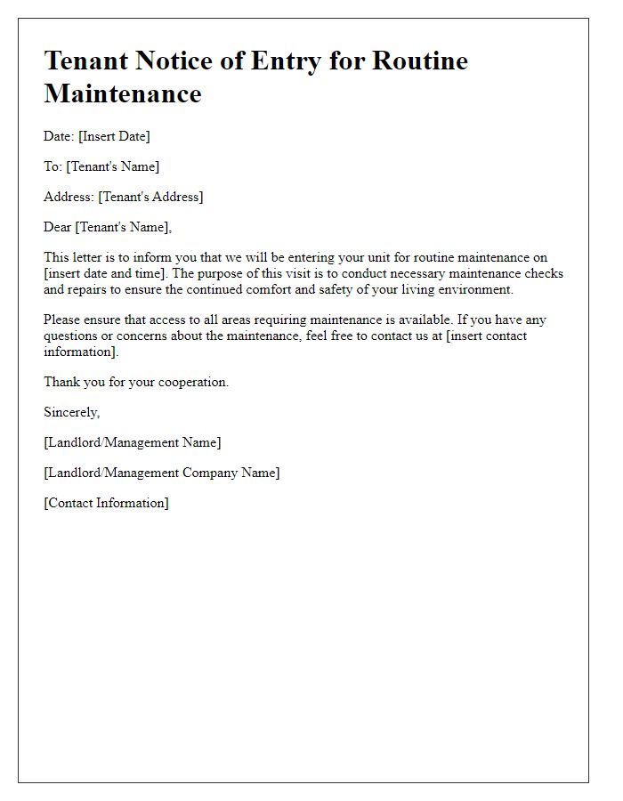 Letter template of Tenant Notice of Entry for Routine Maintenance