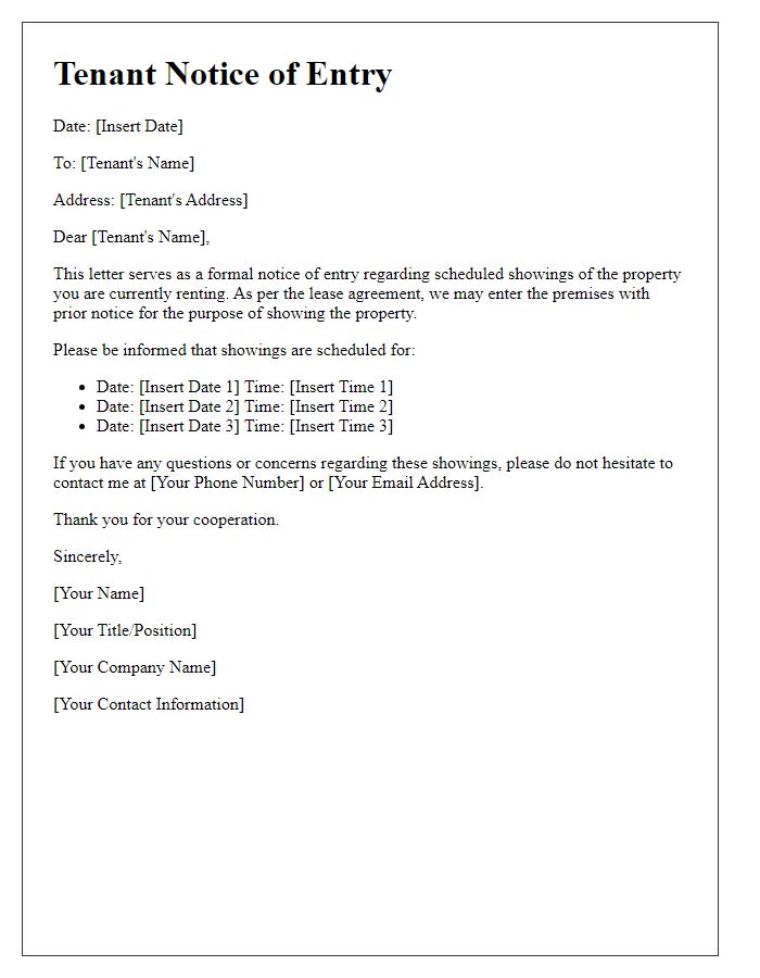 Letter template of Tenant Notice of Entry for Scheduled Showings