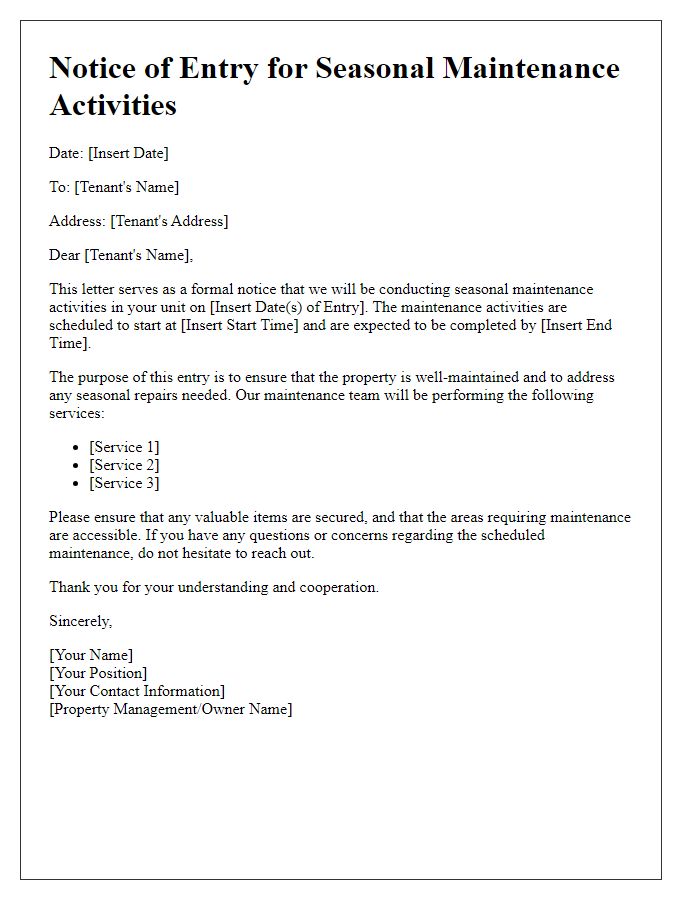 Letter template of Tenant Notice of Entry for Seasonal Maintenance Activities