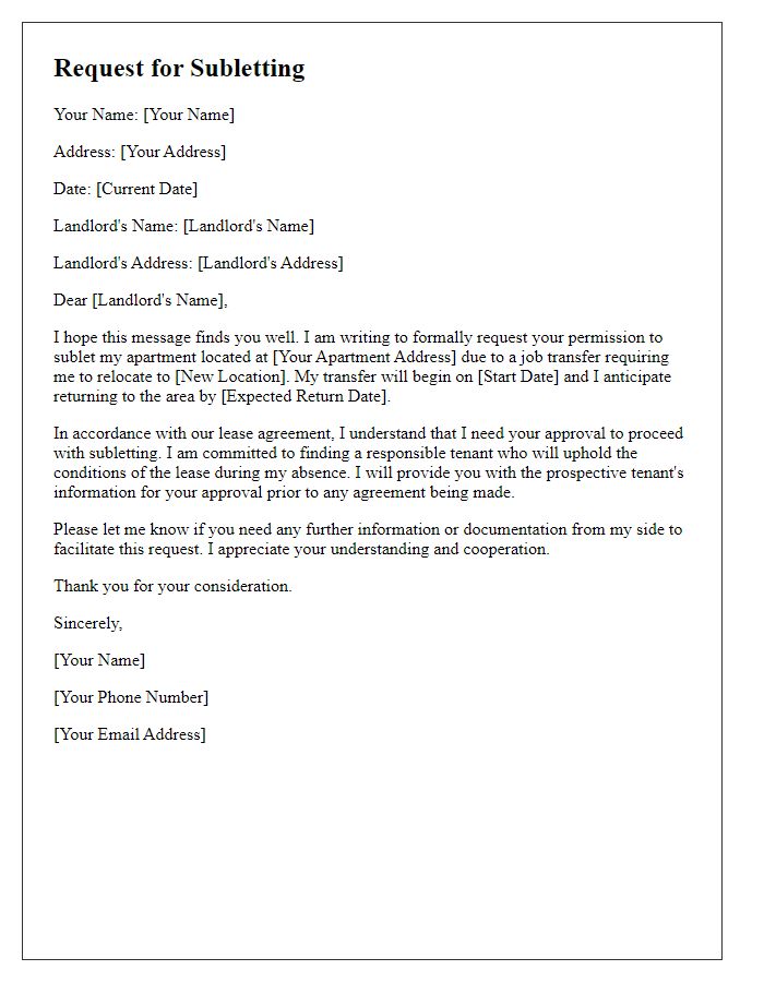 Letter template of tenant subletting request due to job transfer.