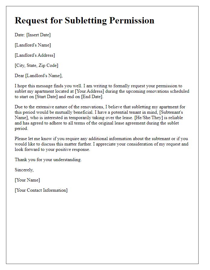 Letter template of tenant subletting request during home renovations.