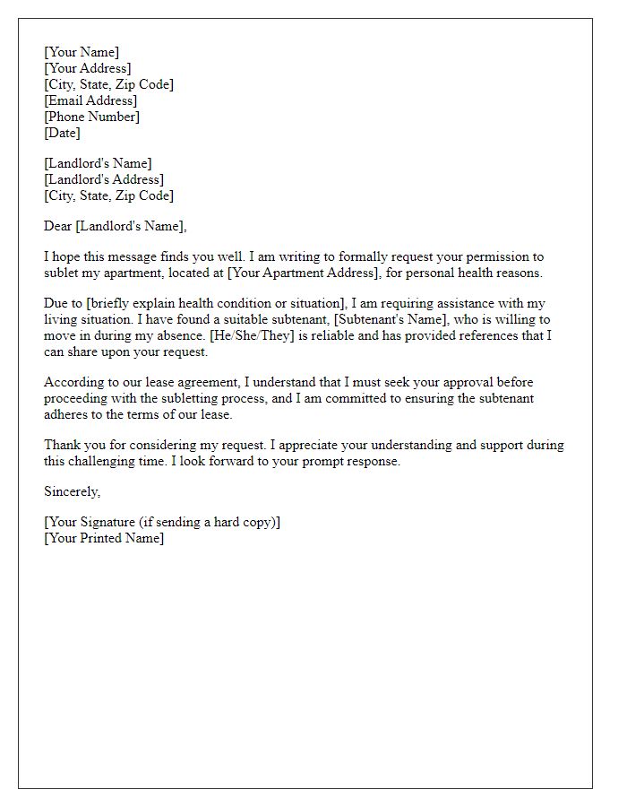 Letter template of tenant subletting request for personal health reasons.