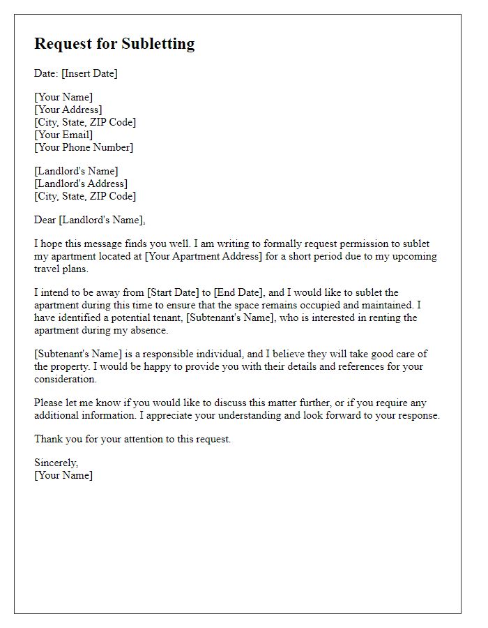 Letter template of tenant subletting request for short-term travel.