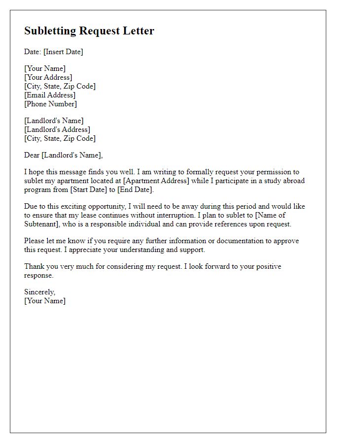 Letter template of tenant subletting request for study abroad program.