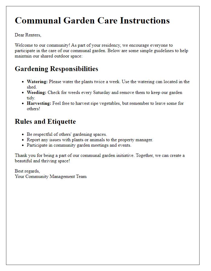 Letter template of communal garden care instruction for renters