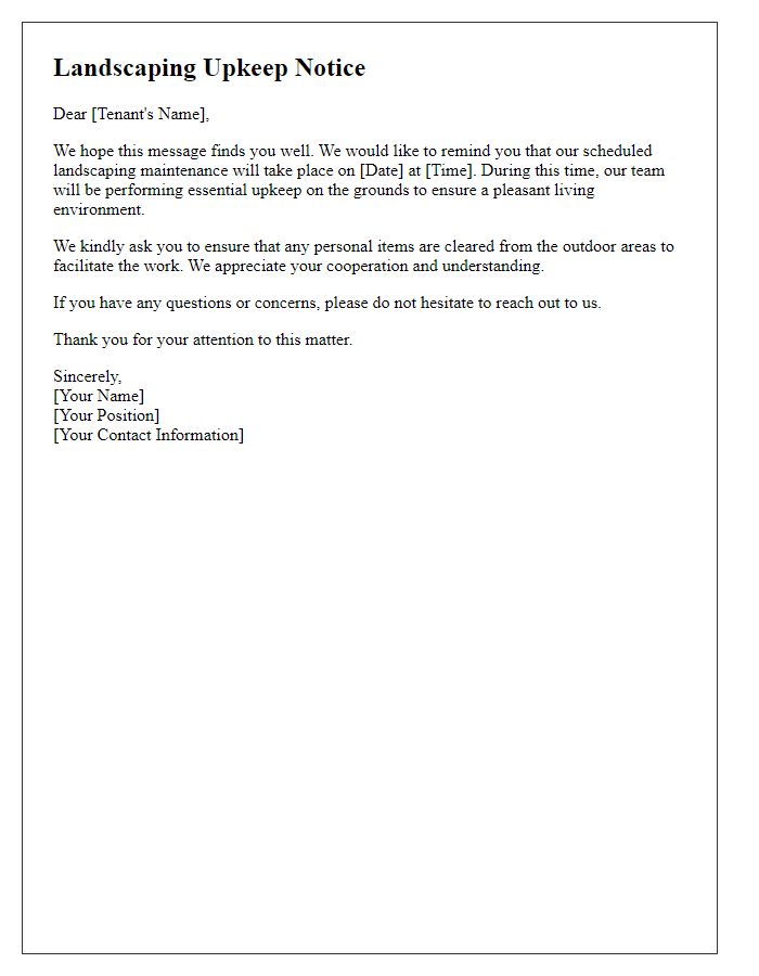 Letter template of landscaping upkeep alert for tenants