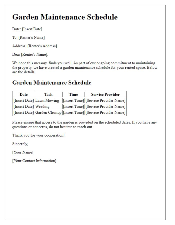 Letter template of property garden maintenance schedule for renters